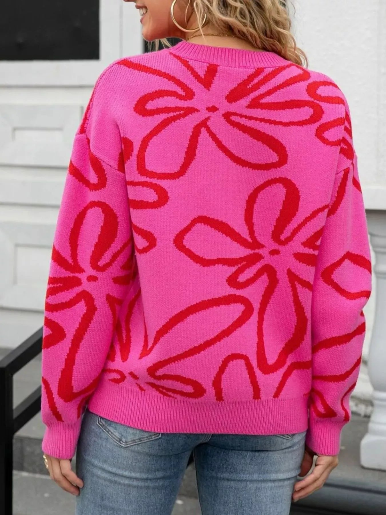 Flower Crew Neck Long Sleeve Sweater