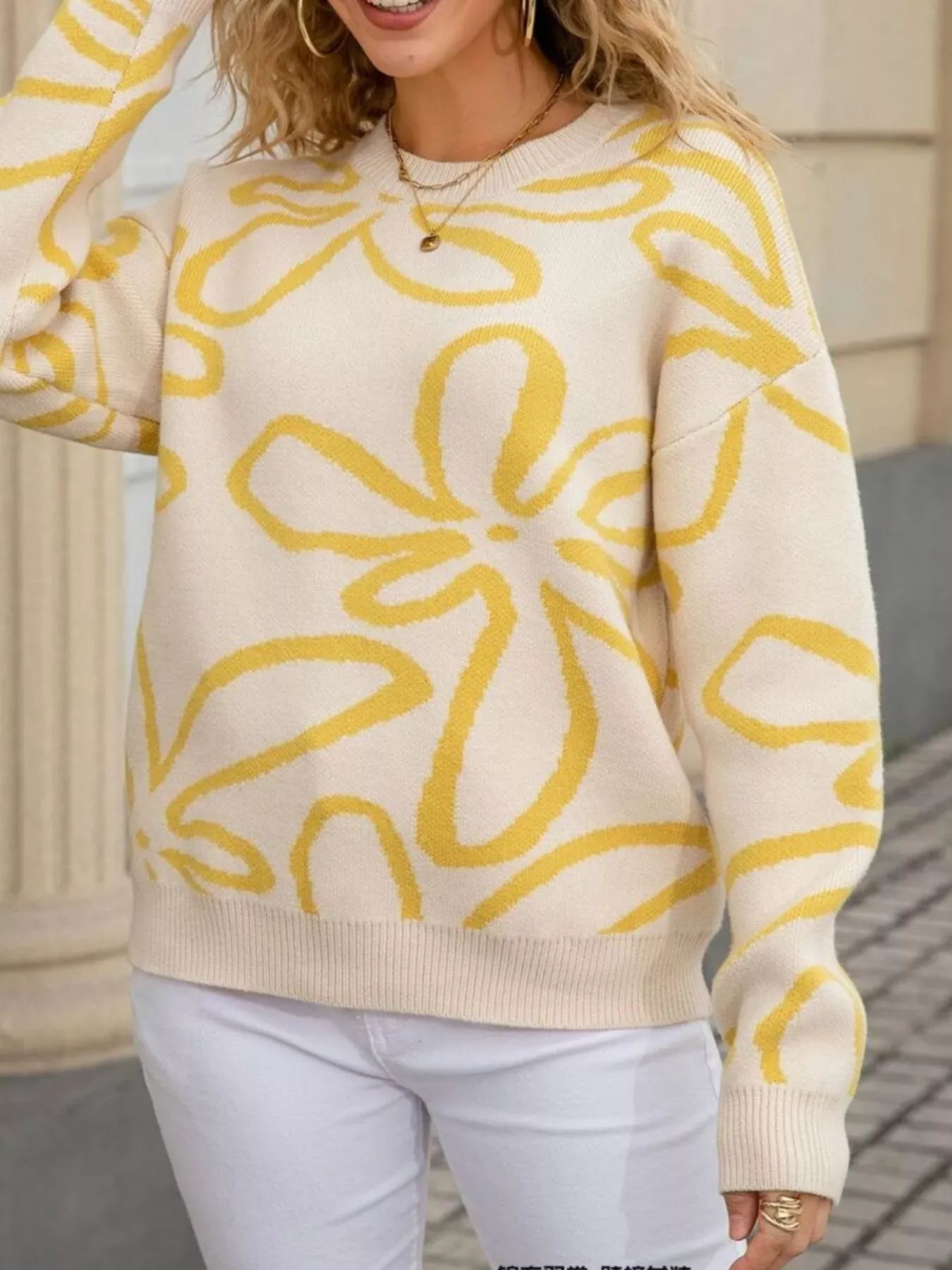 Flower Crew Neck Long Sleeve Sweater