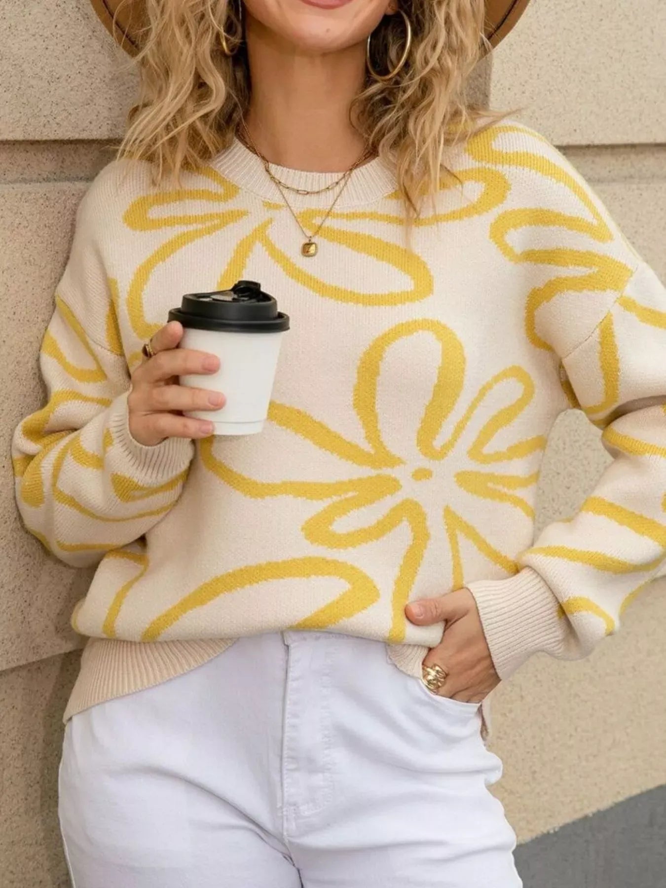 Flower Crew Neck Long Sleeve Sweater