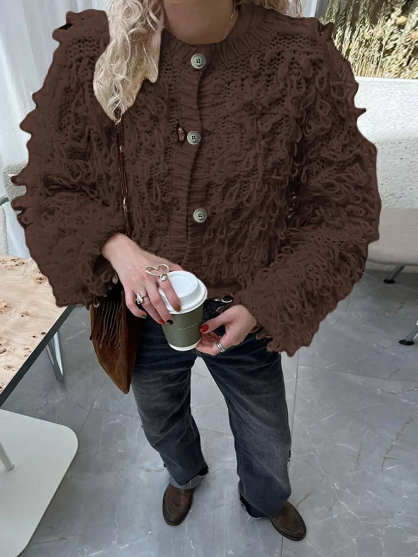 Fringe Detail Button-Up Cardigan