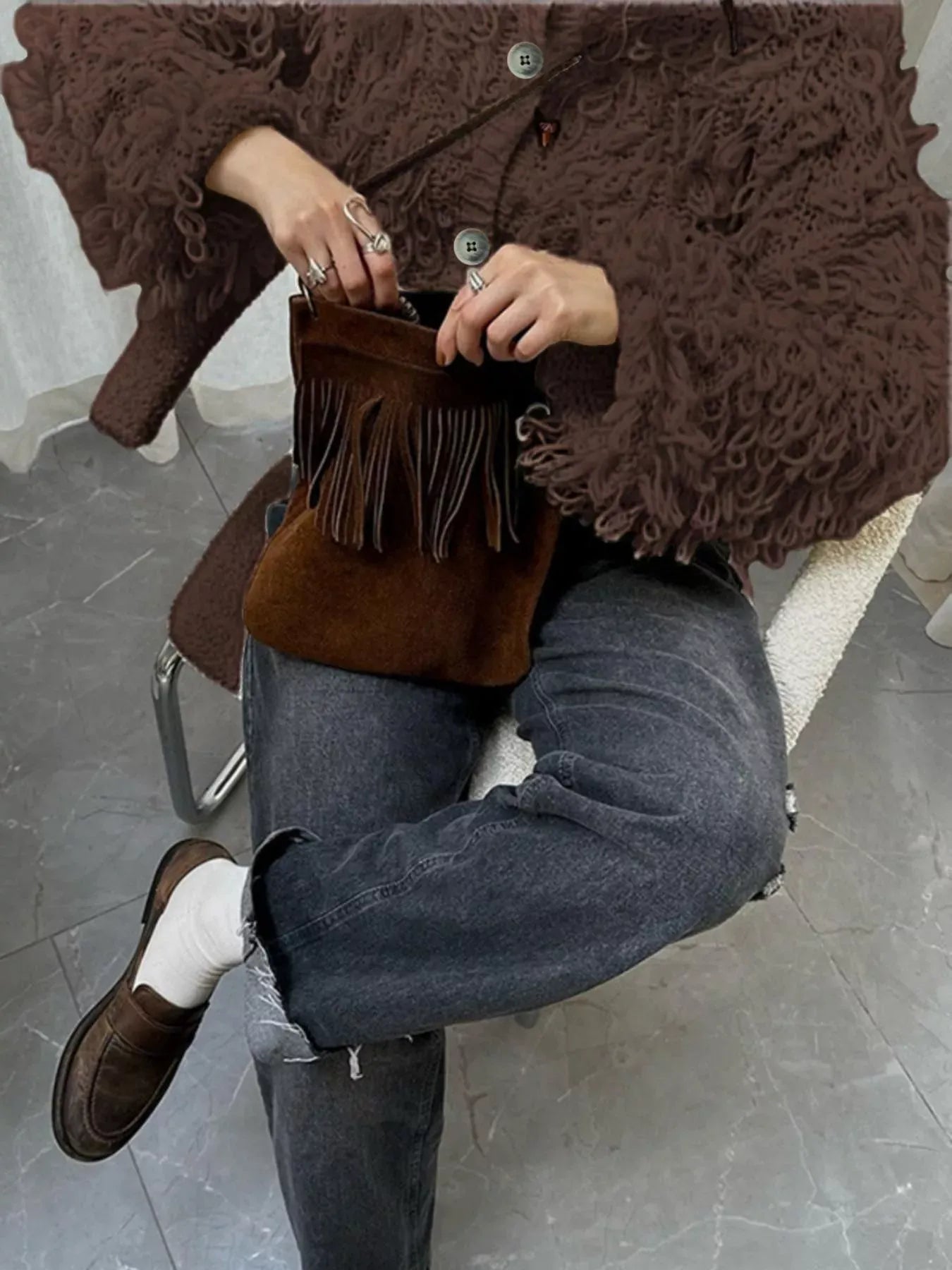 Fringe Detail Button-Up Cardigan