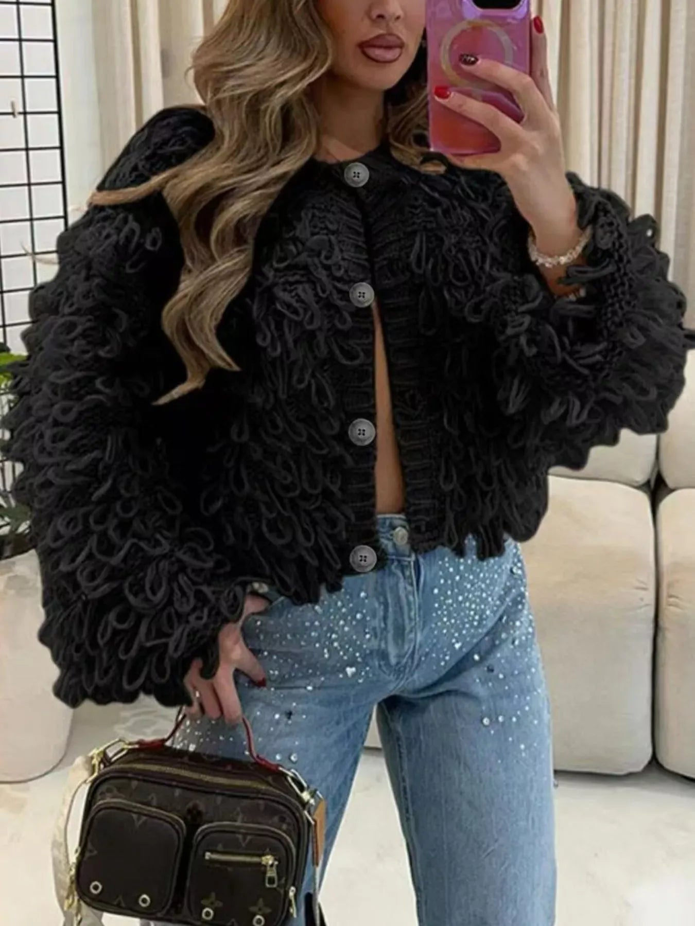 Fringe Detail Button-Up Cardigan