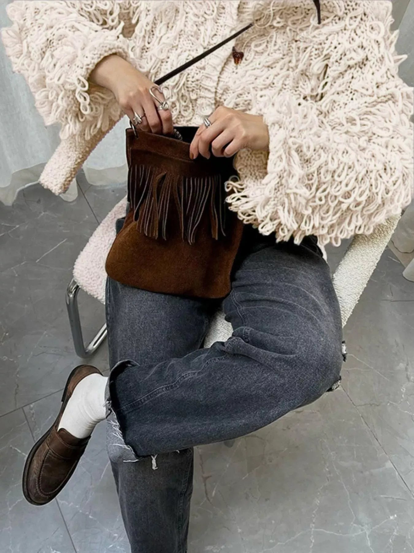 Fringe Detail Button-Up Cardigan