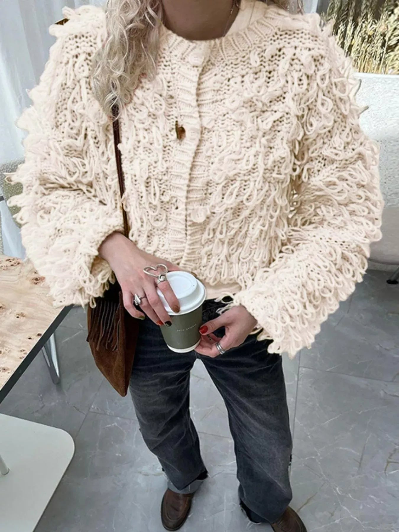 Fringe Detail Button-Up Cardigan