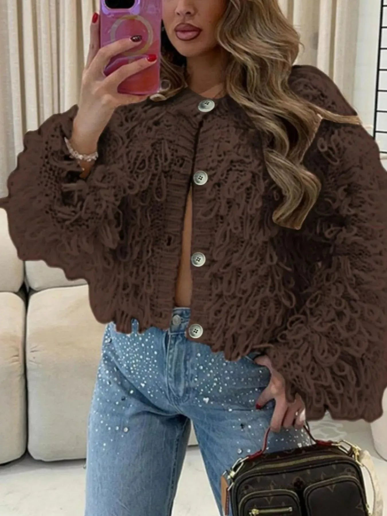 Fringe Detail Button-Up Cardigan