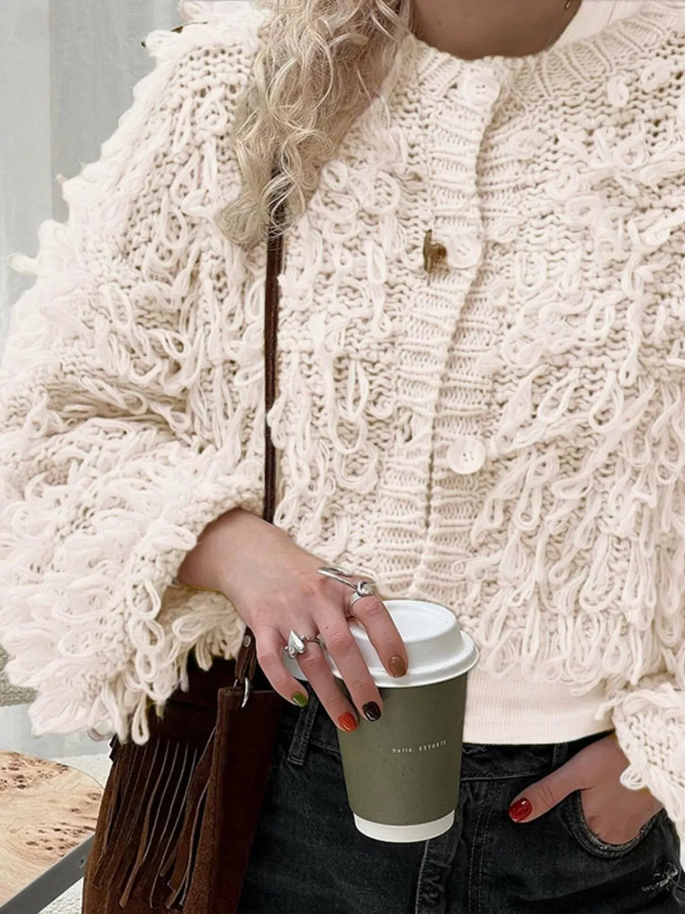Fringe Detail Button-Up Cardigan