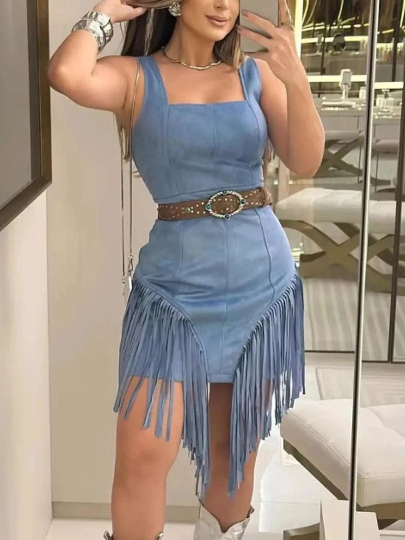 Fringe Square Neck Bodycon Mini Dress