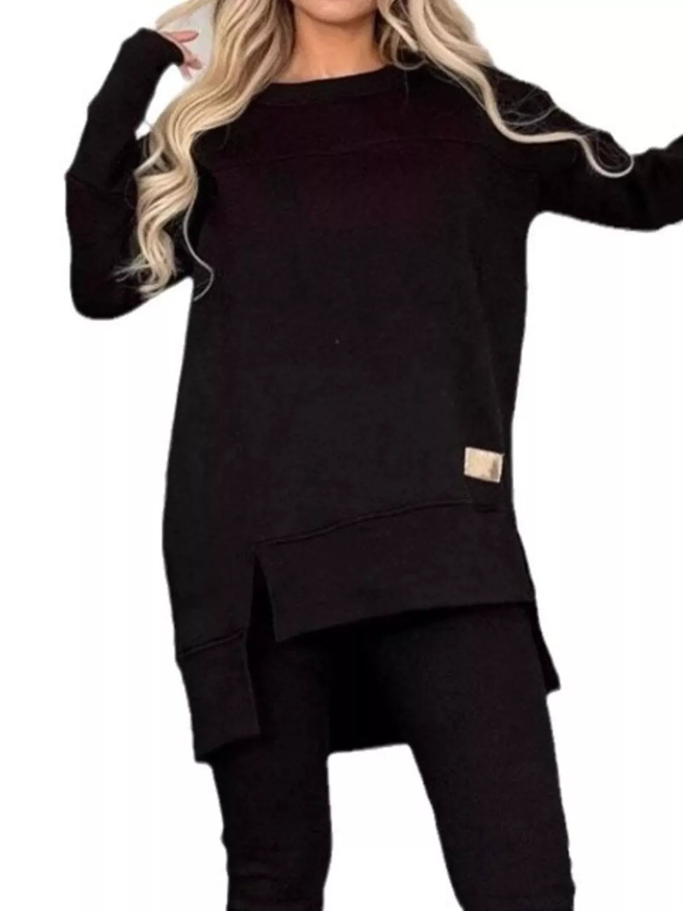 Full Size Slit Round Neck Top and Pants Set Plus Size