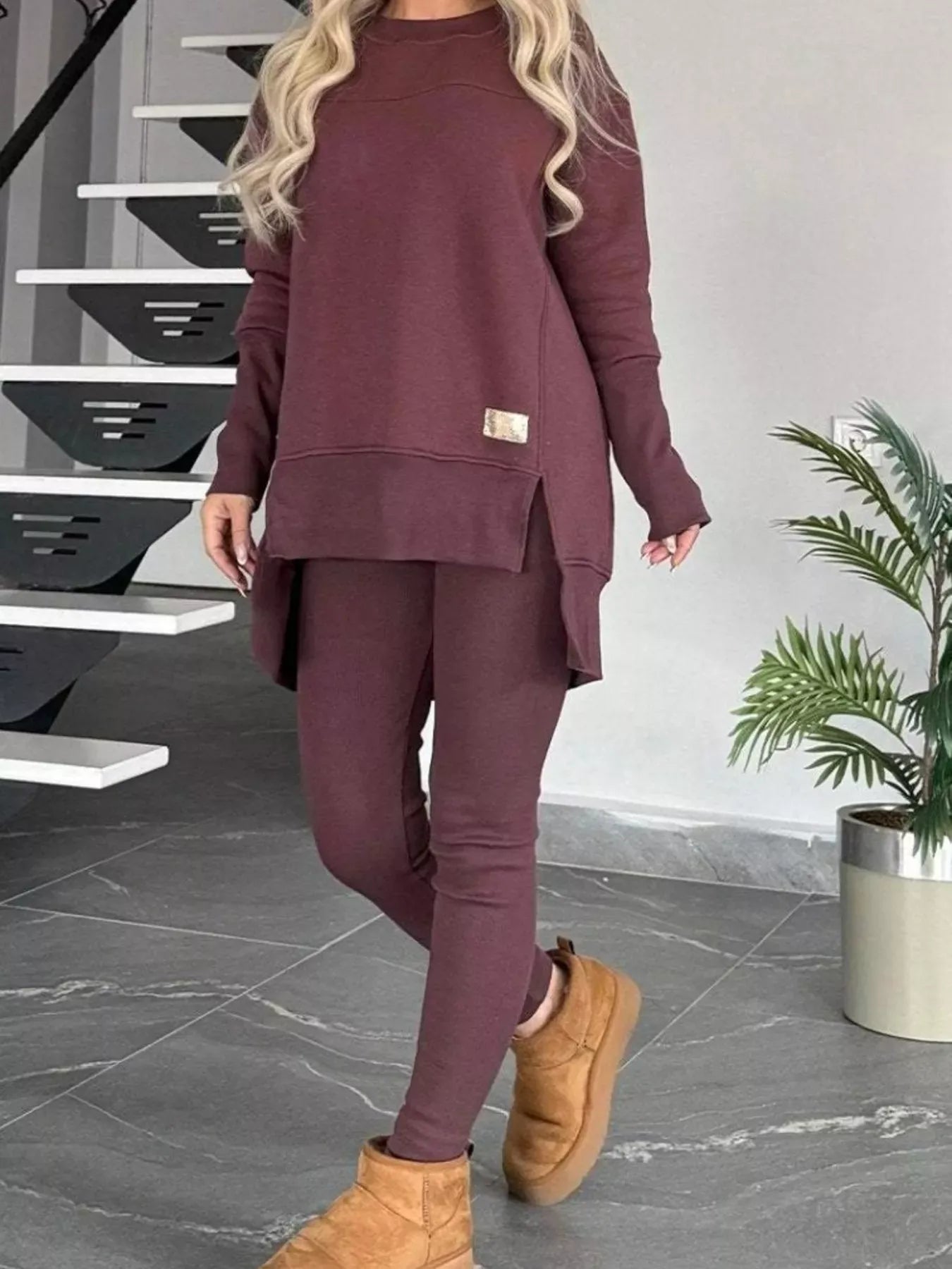 Full Size Slit Round Neck Top and Pants Set Plus Size