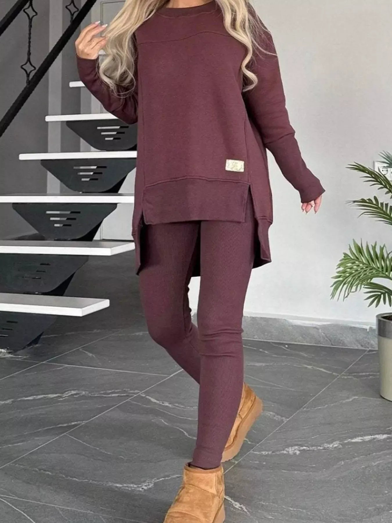 Full Size Slit Round Neck Top and Pants Set Plus Size