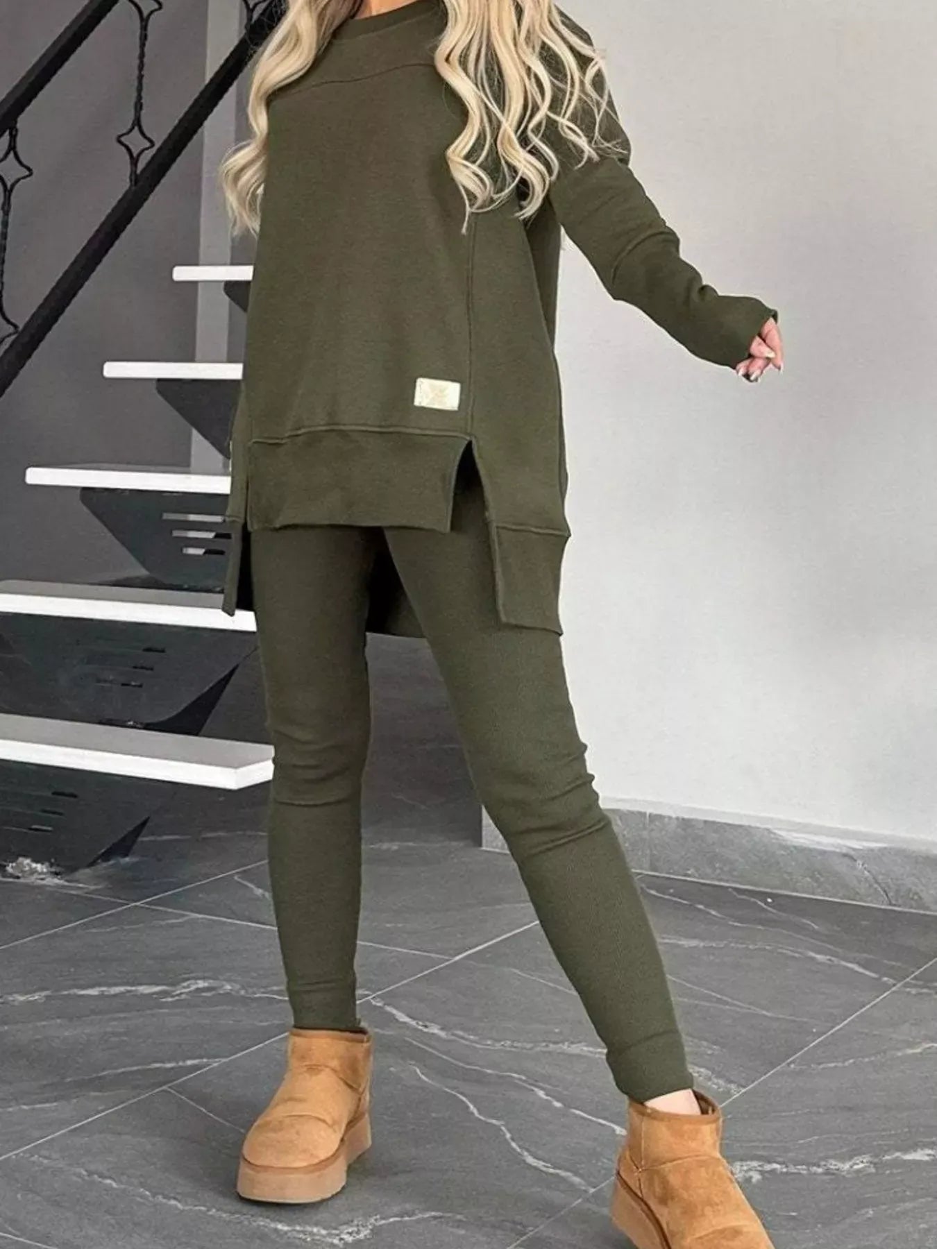 Full Size Slit Round Neck Top and Pants Set Plus Size