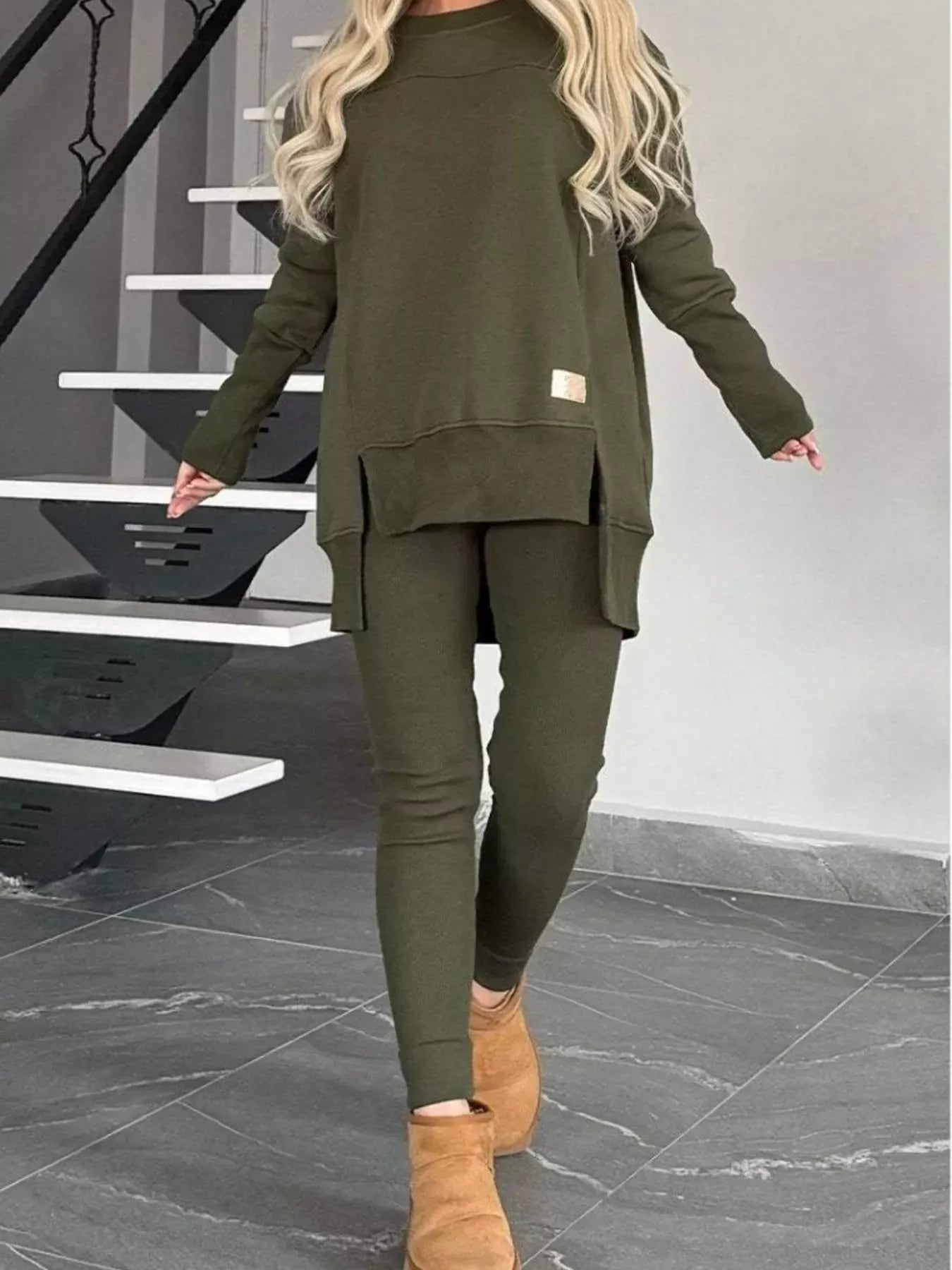 Full Size Slit Round Neck Top and Pants Set Plus Size