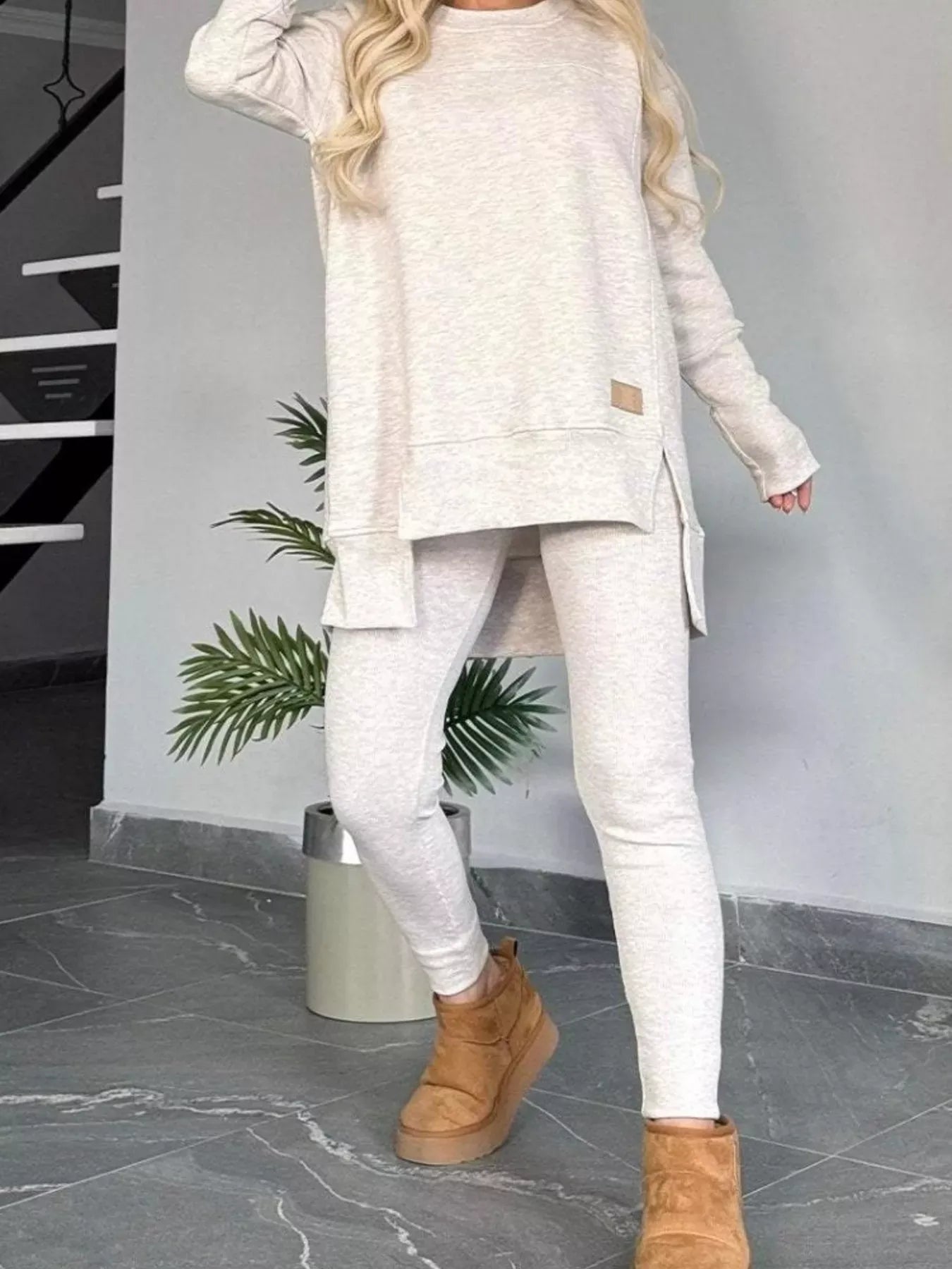 Full Size Slit Round Neck Top and Pants Set Plus Size