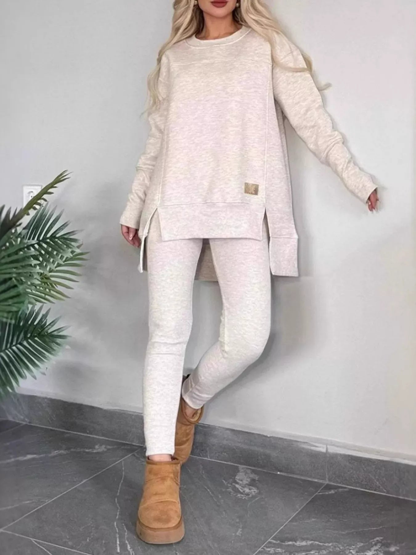 Full Size Slit Round Neck Top and Pants Set Plus Size