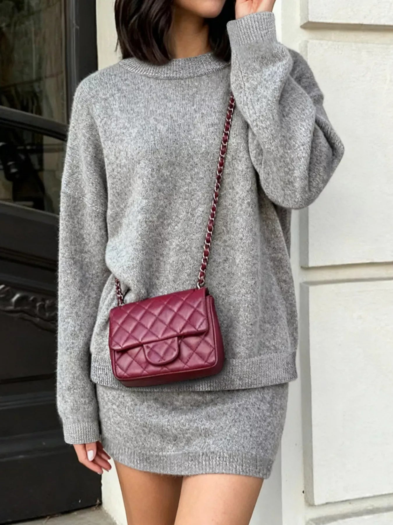 Plus Size Round Neck Long Sleeve Top and Skirt Sweater Set