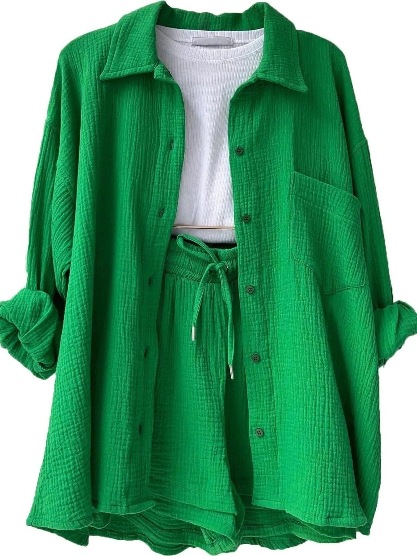 Textured Button Up Shirt and Shorts Set