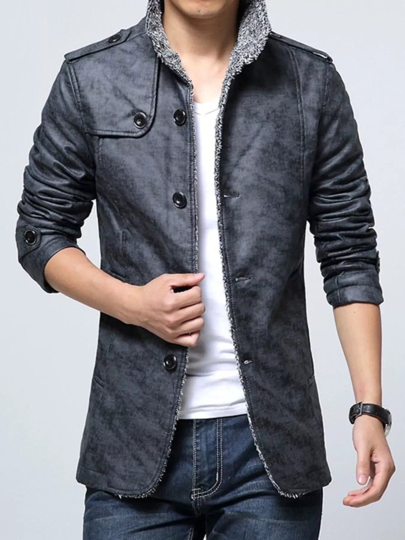 Men’s Plus Size Fleece-Lined Button-Up Coat