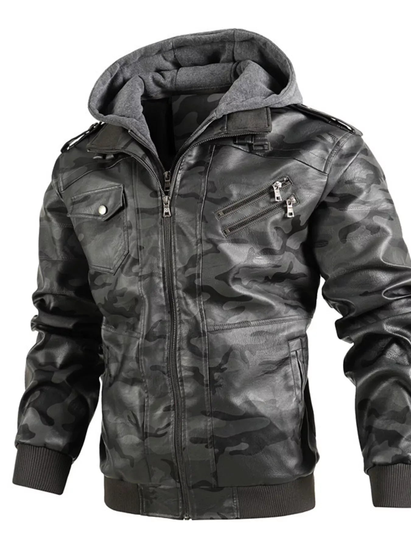 Men's Full Size Camouflage Hooded Faux Leather Jacket Plus Size