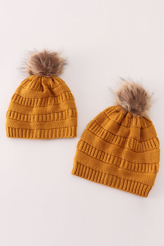 Mustard pompom cable beanie hat