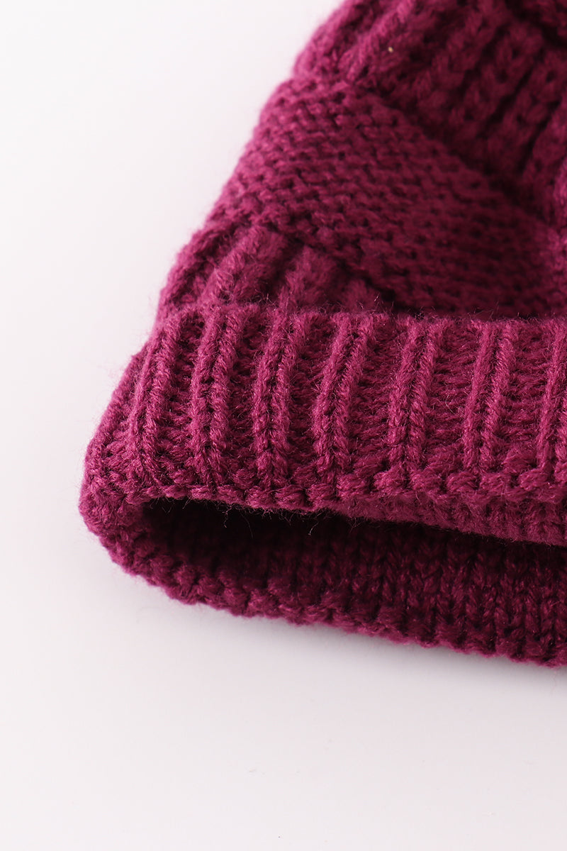 Violet pompom cable beanie hat