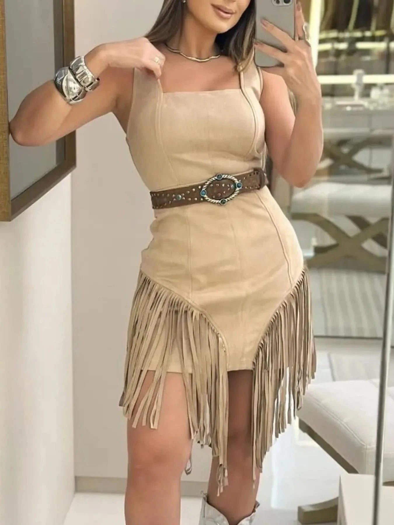 Fringe Square Neck Bodycon Mini Dress