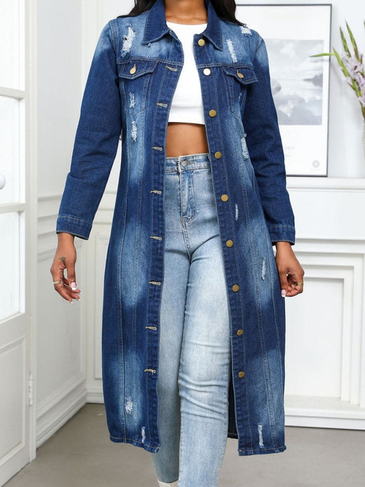 Distressed Button Up Collared Neck Denim Jacket