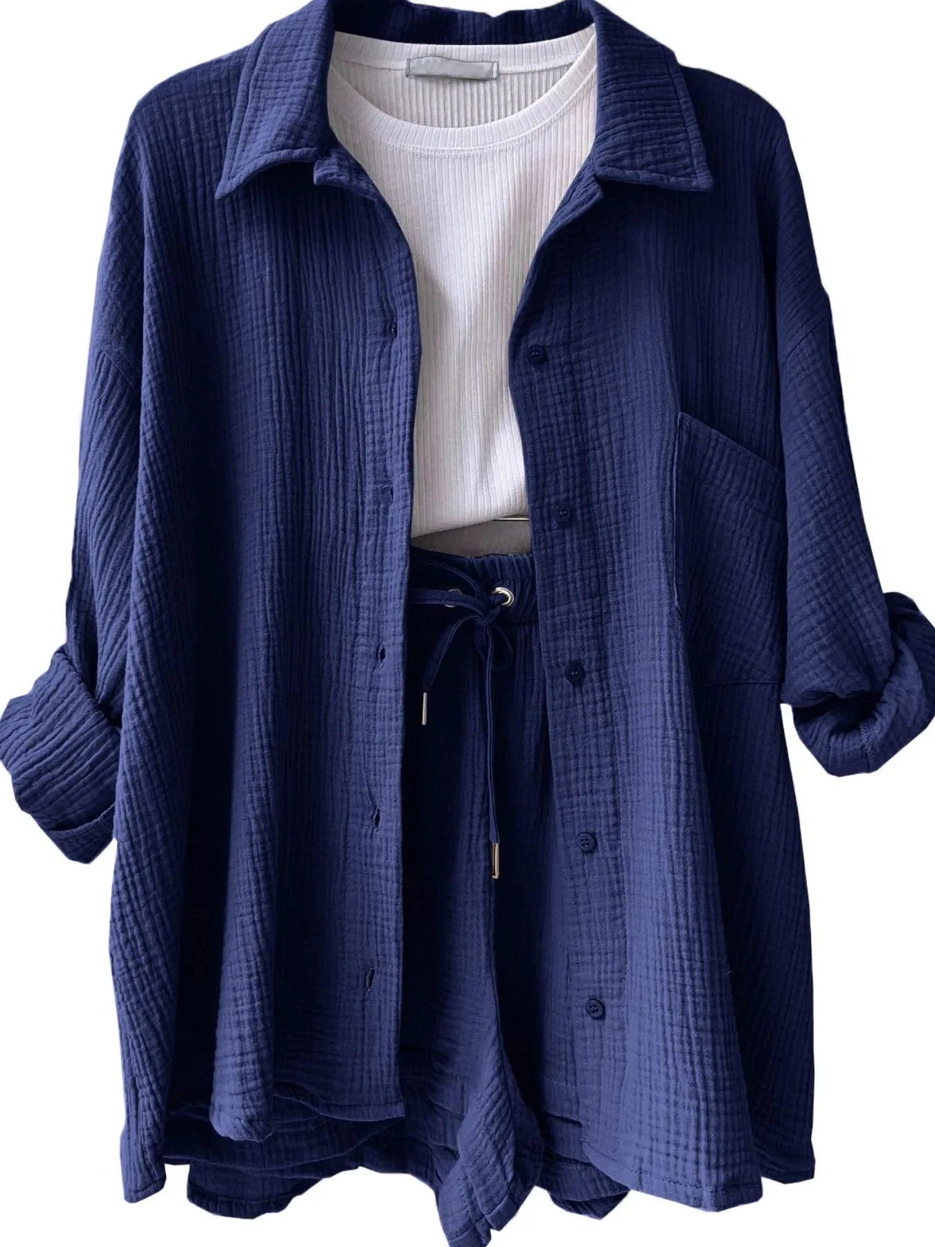 Textured Button Up Shirt and Shorts Set