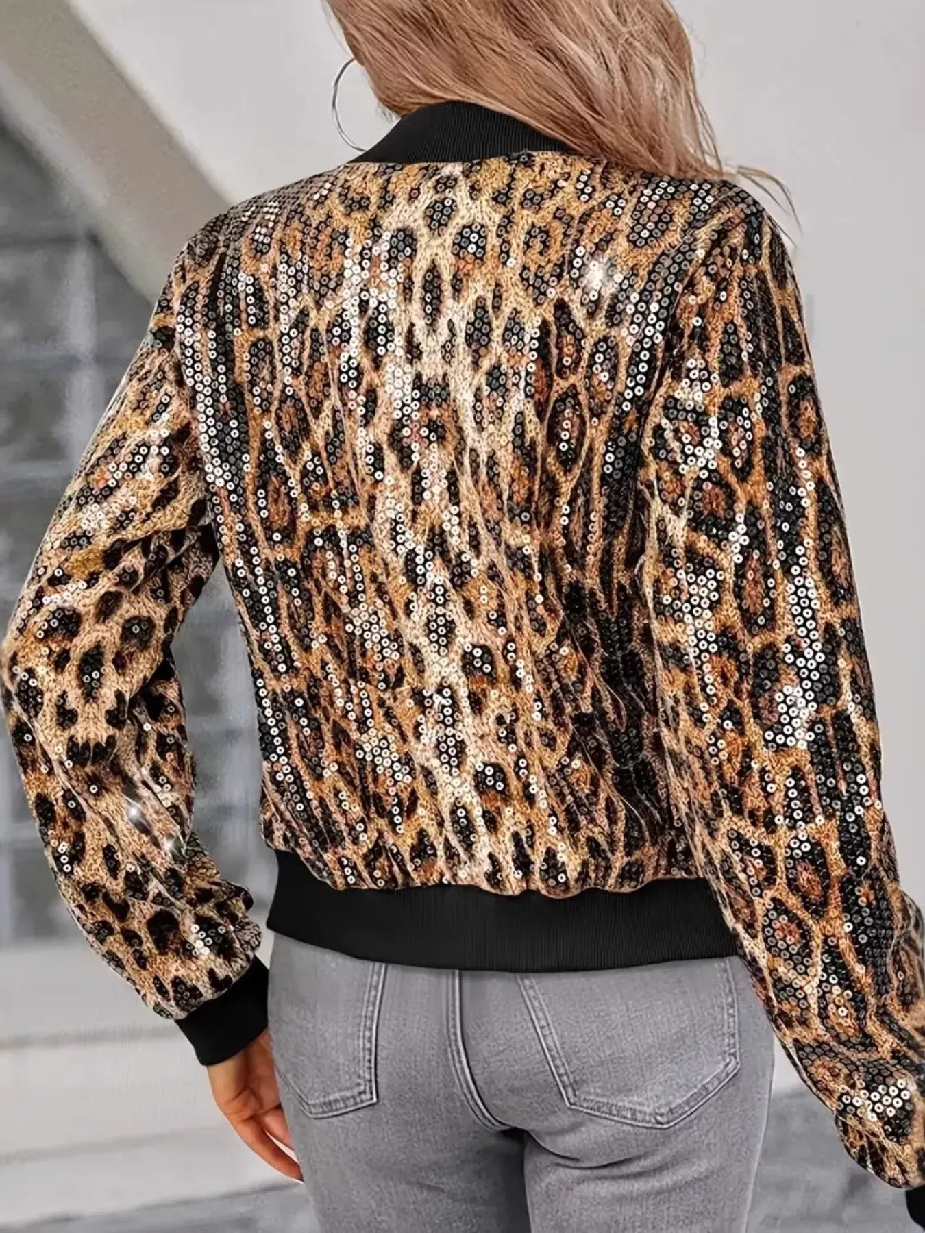 Sequin Leopard Zip Up Jacket