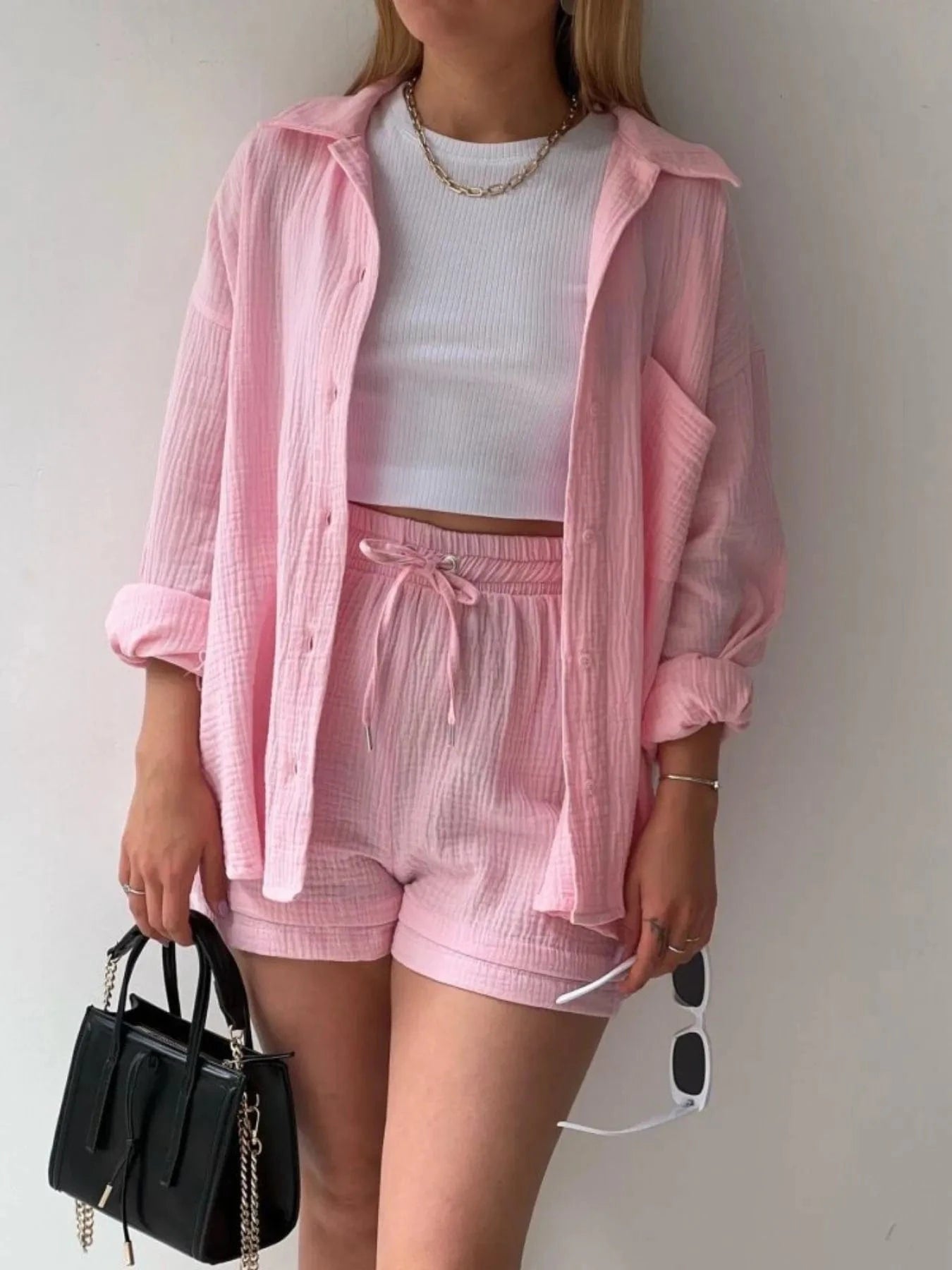 Textured Button Up Shirt and Shorts Set