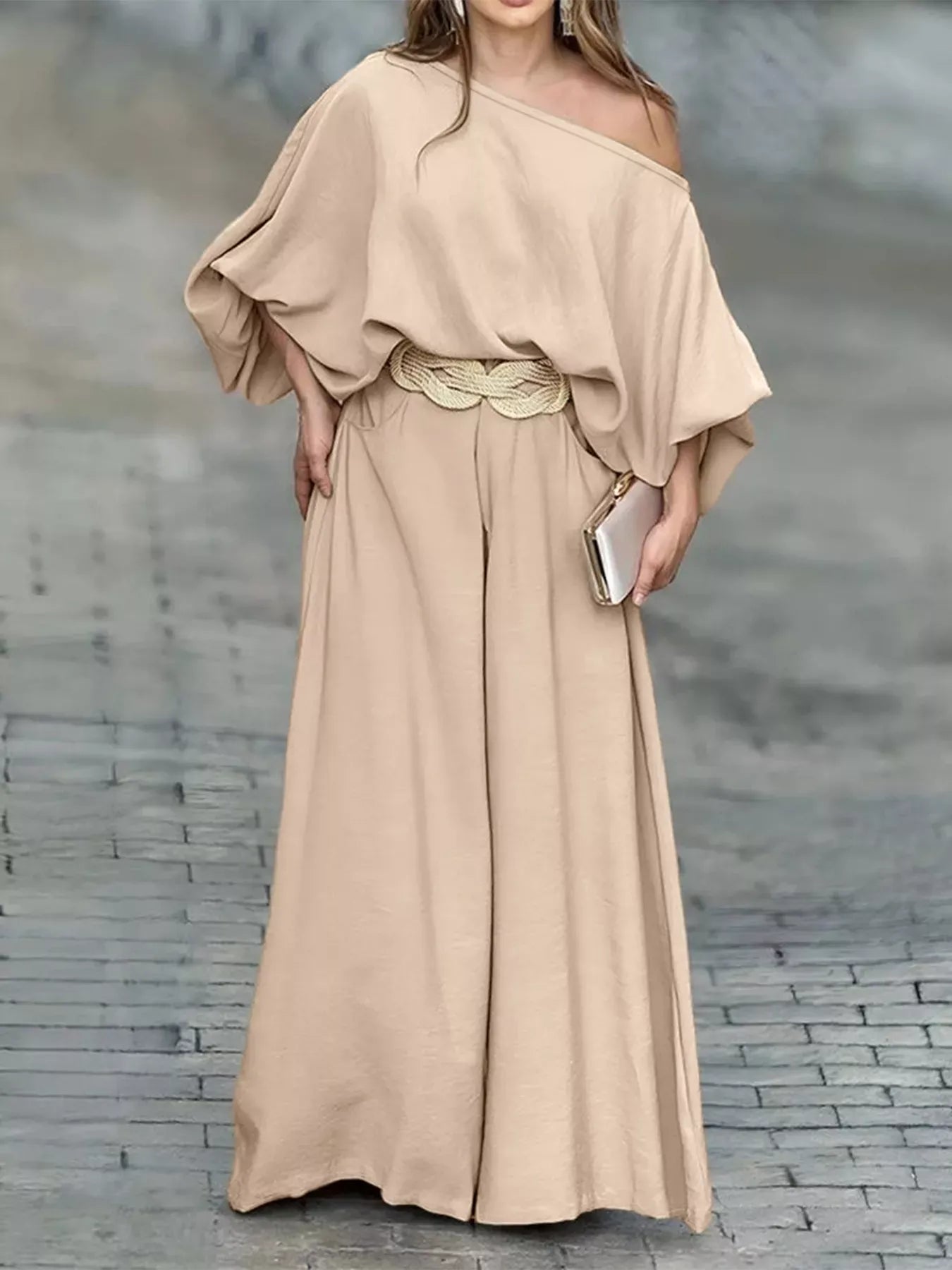 Plus Size One-Shoulder Top and Wide Leg Pants Set