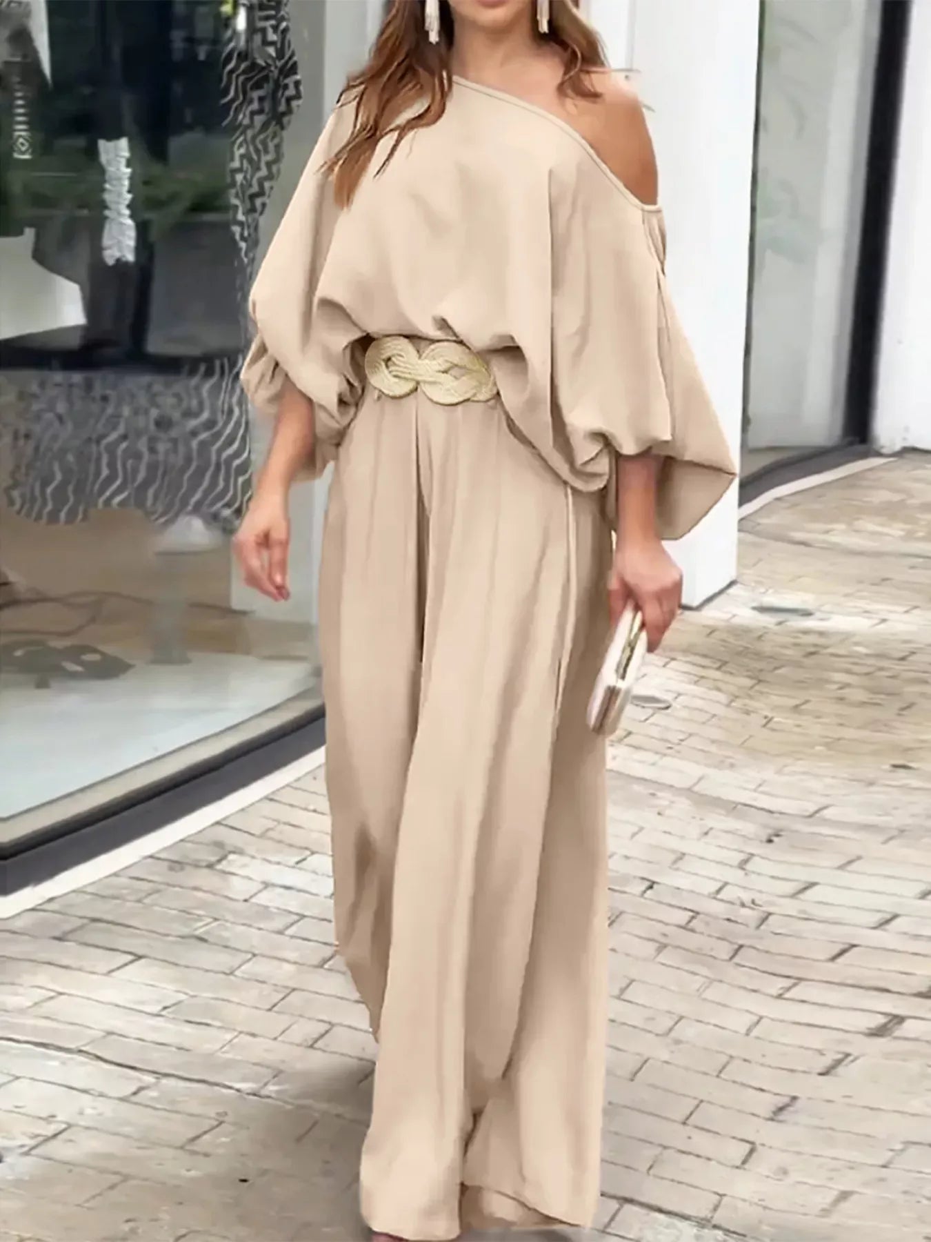Plus Size One-Shoulder Top and Wide Leg Pants Set
