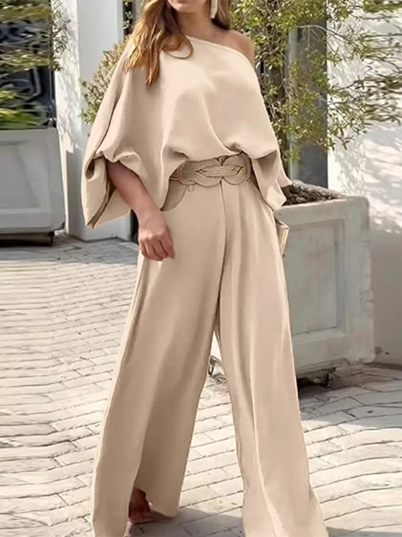 Plus Size One-Shoulder Top and Wide Leg Pants Set