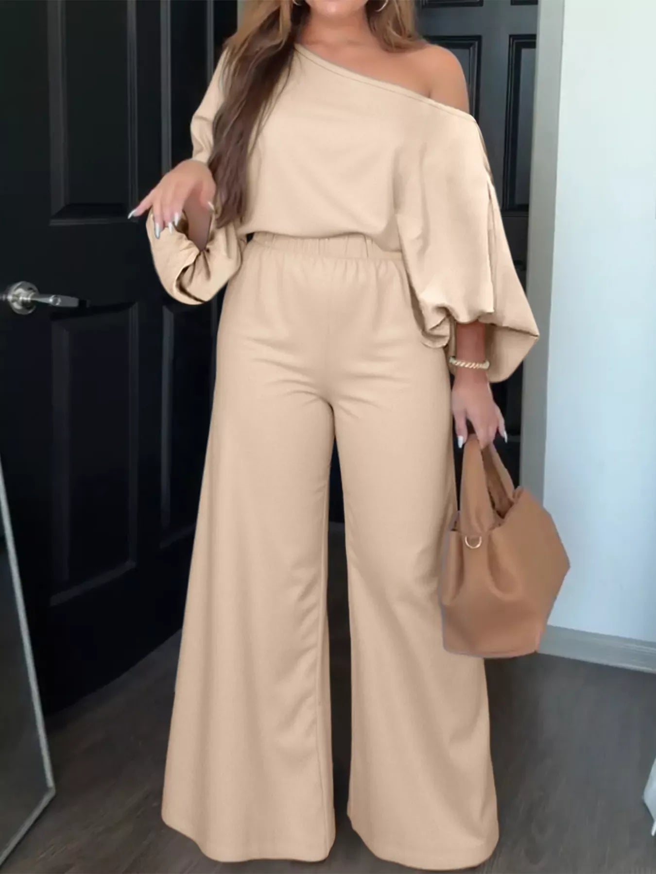 Plus Size One-Shoulder Top and Wide Leg Pants Set