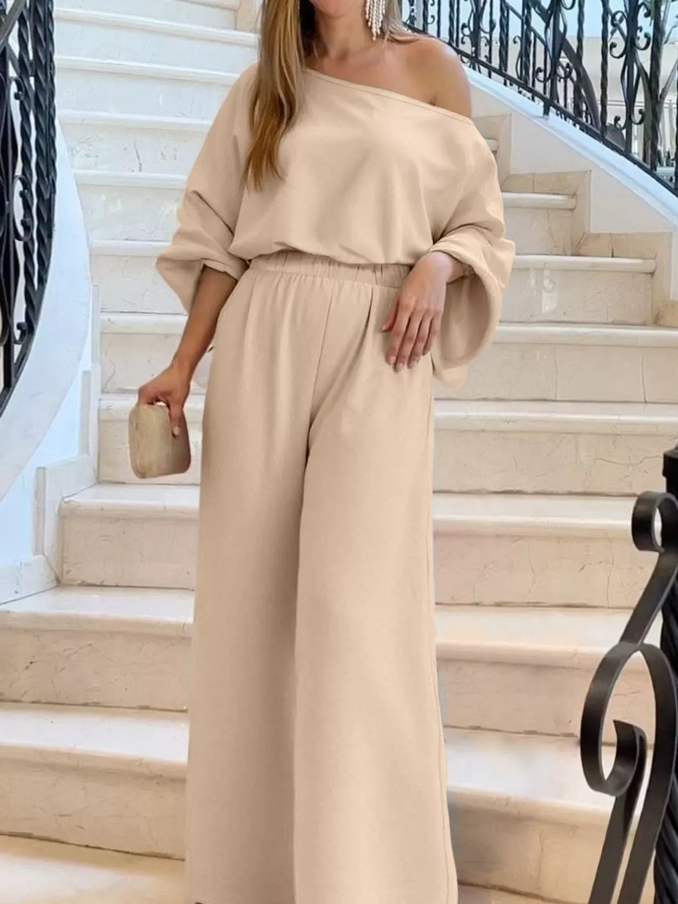 Plus Size One-Shoulder Top and Wide Leg Pants Set