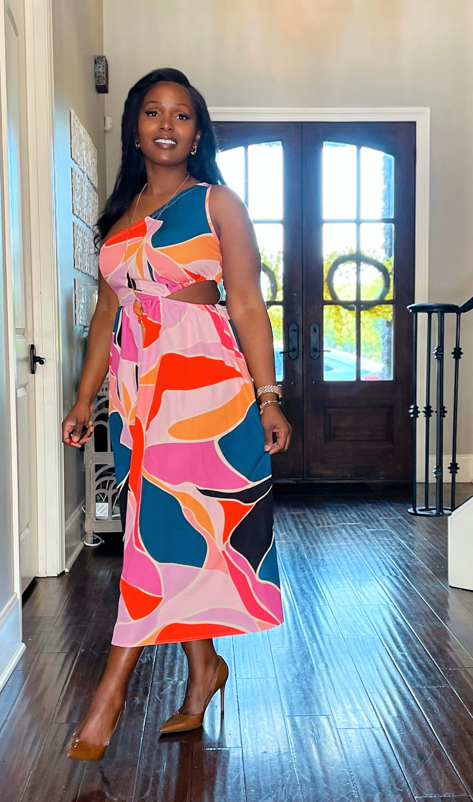 Printed Cutout One-Shoulder Sleeveless Dress