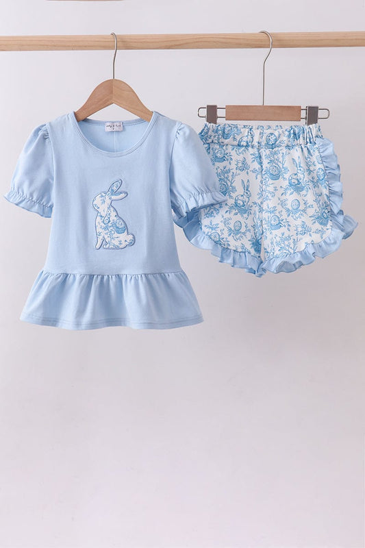 Blue bunny applique ruffle shorts set