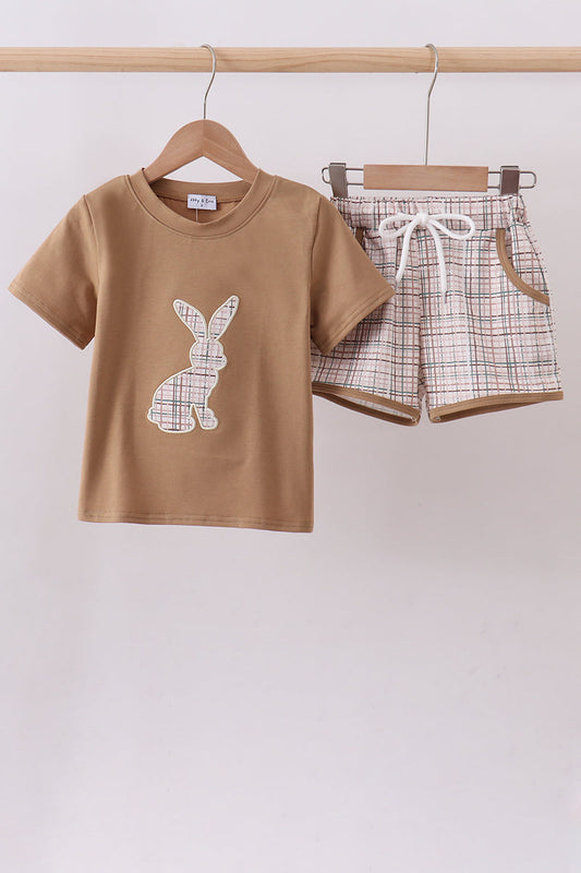 Set Brown plaid bunny applique shorts set