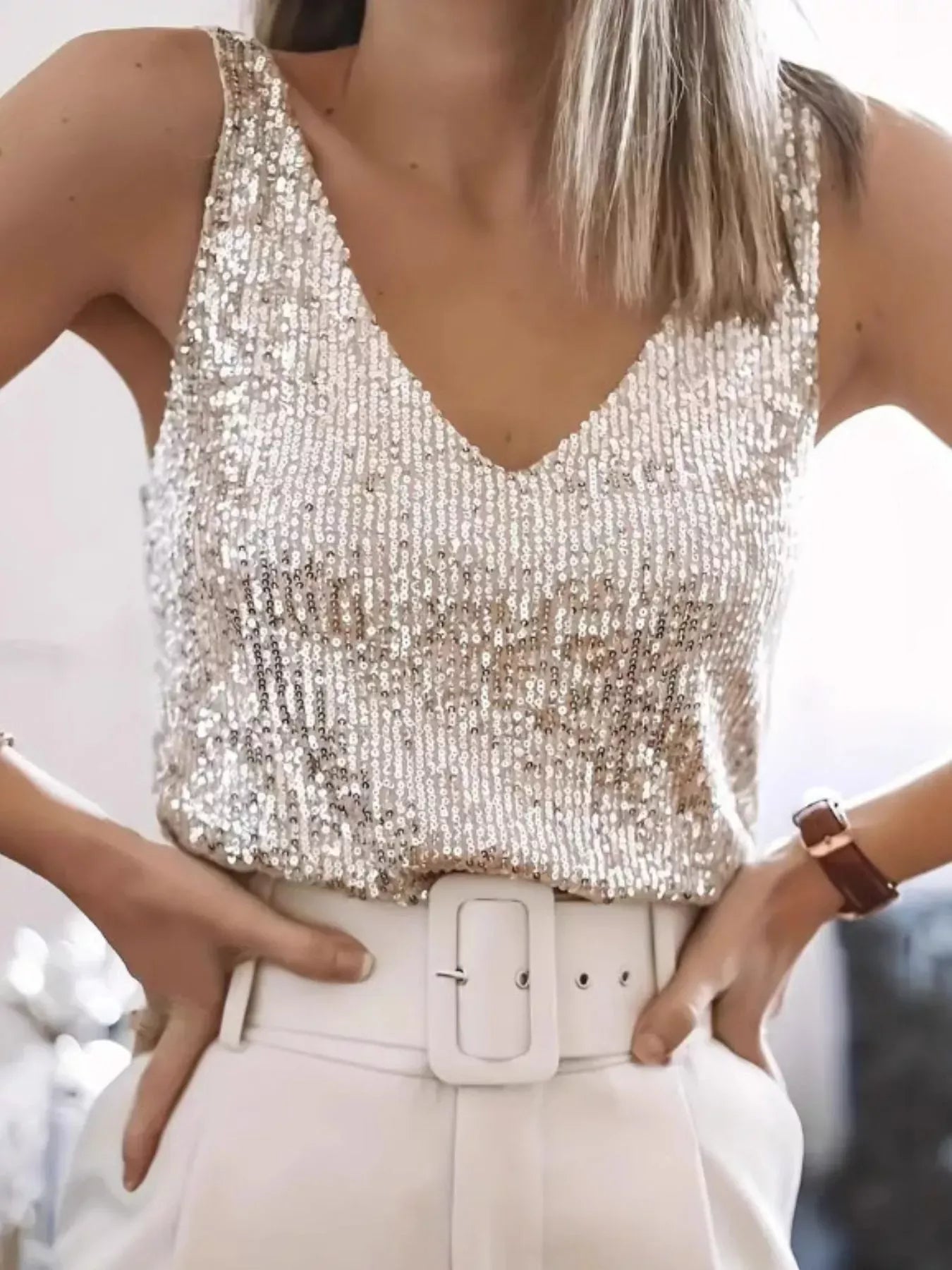 Sequin V-Neck Tank Top
