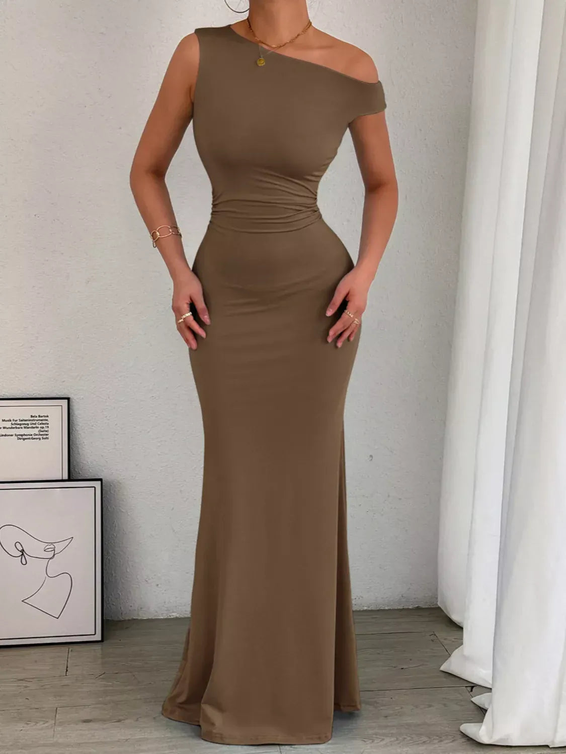 Sleek One-Shoulder Ruched Maxi Dress