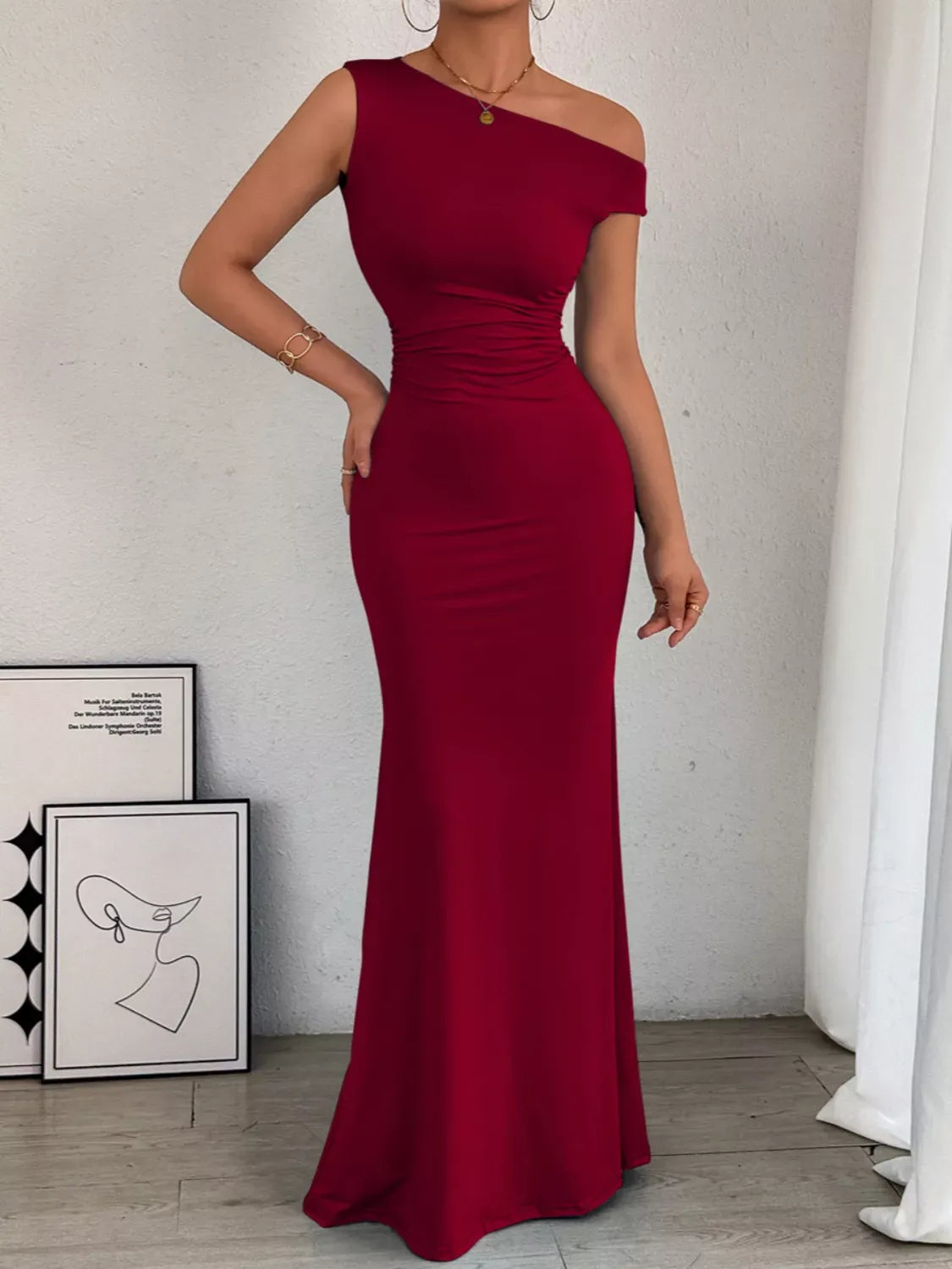 Sleek One-Shoulder Ruched Maxi Dress
