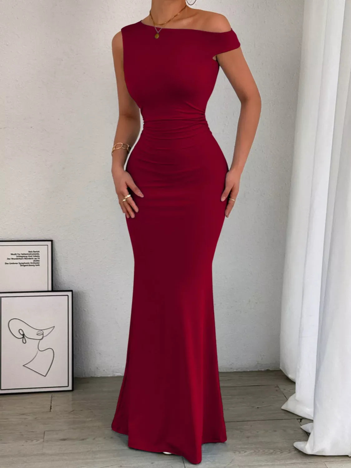 Sleek One-Shoulder Ruched Maxi Dress