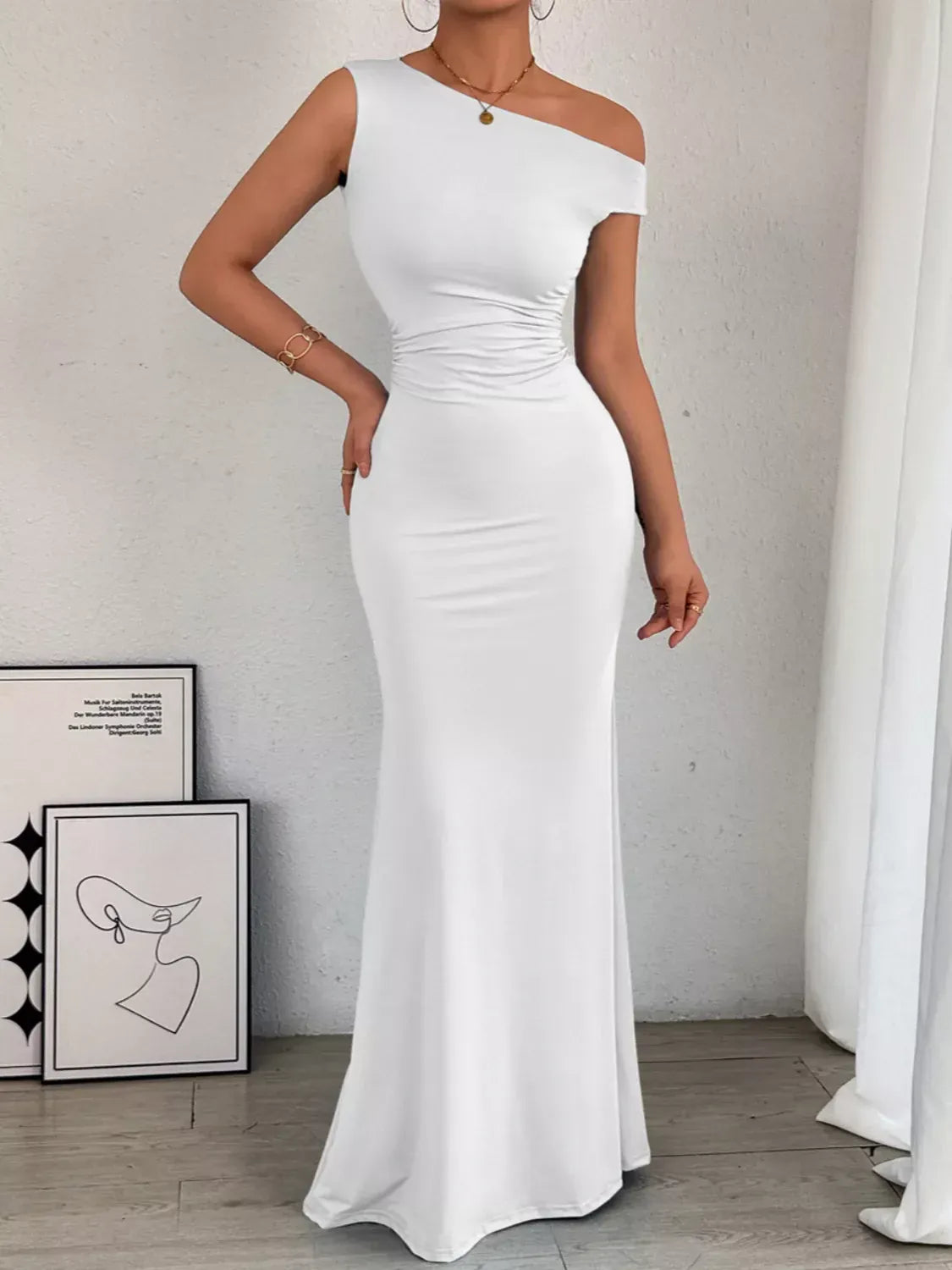 Sleek One-Shoulder Ruched Maxi Dress