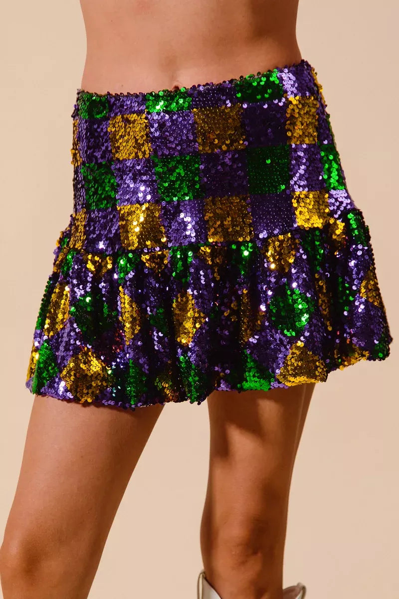 SO ME Mardi Gras Checker Sequins Mini Skirt