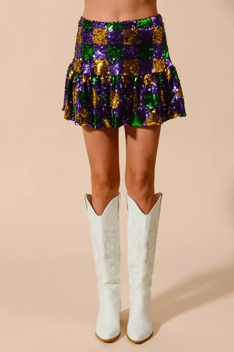 SO ME Mardi Gras Checker Sequins Mini Skirt