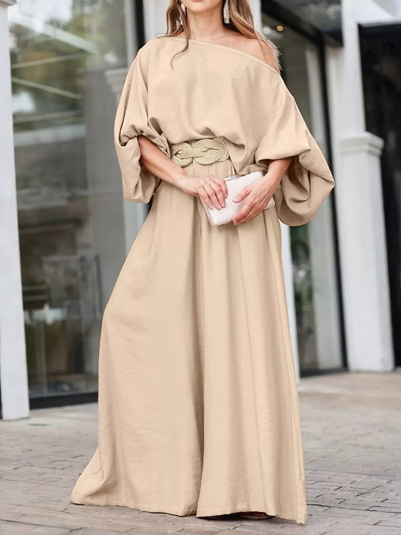 Plus Size One-Shoulder Top and Wide Leg Pants Set