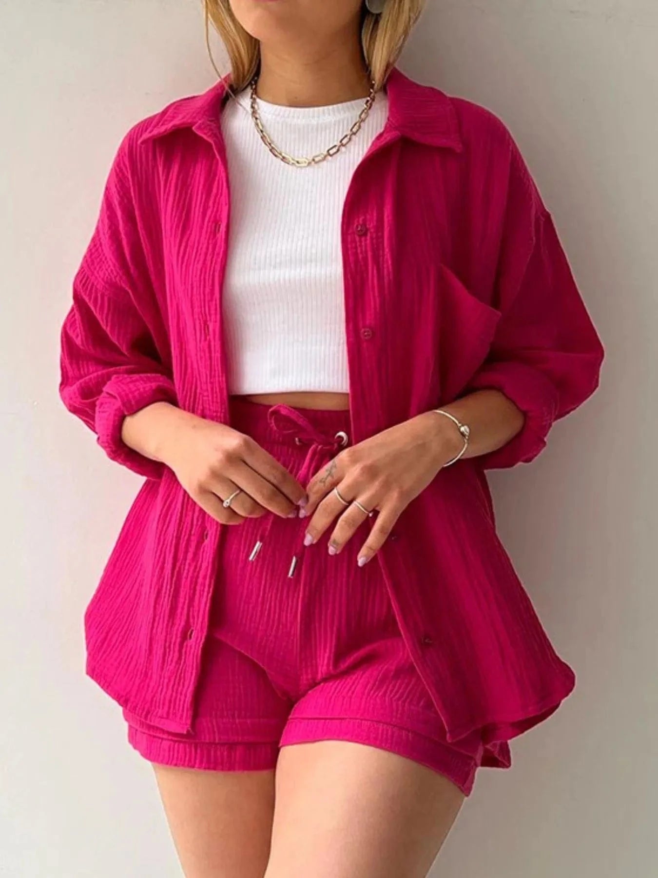 Textured Button Up Shirt and Shorts Set