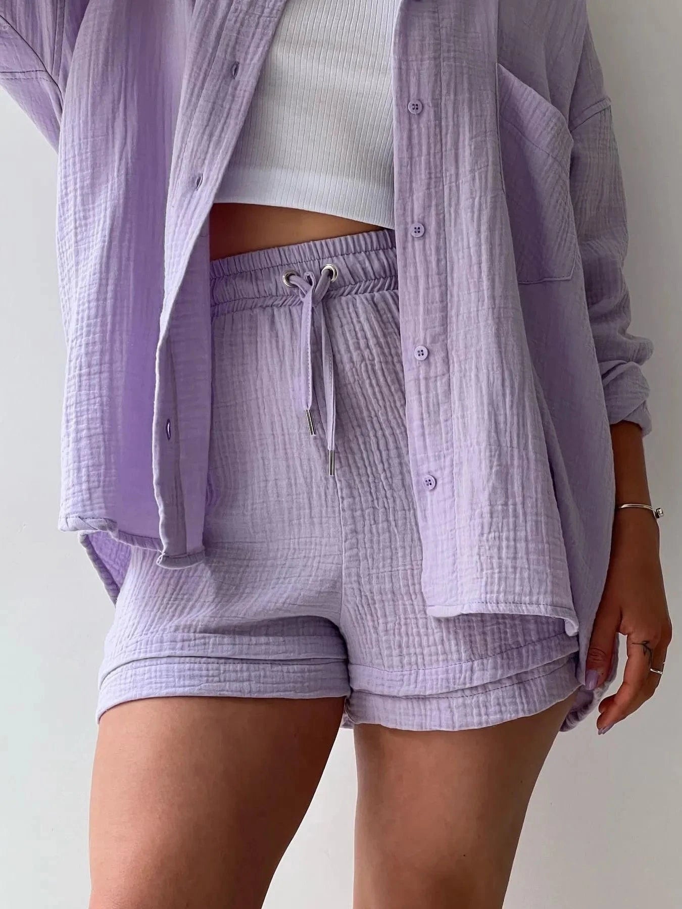 Textured Button Up Shirt and Shorts Set
