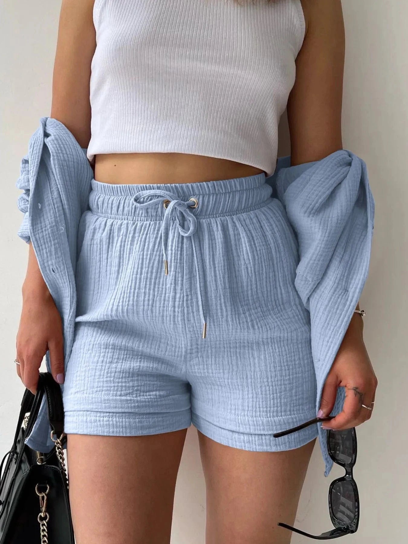 Textured Button Up Shirt and Shorts Set