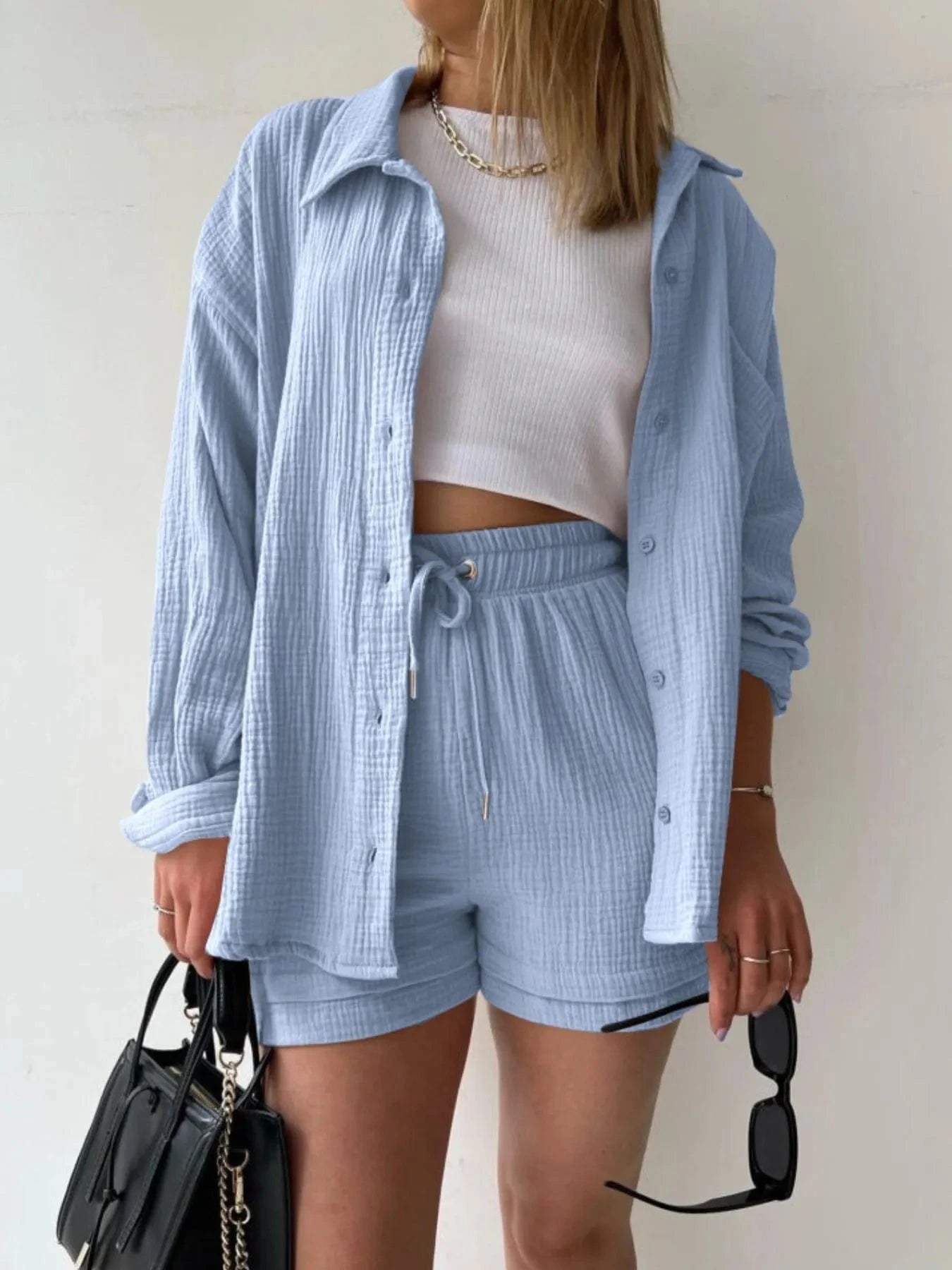 Textured Button Up Shirt and Shorts Set