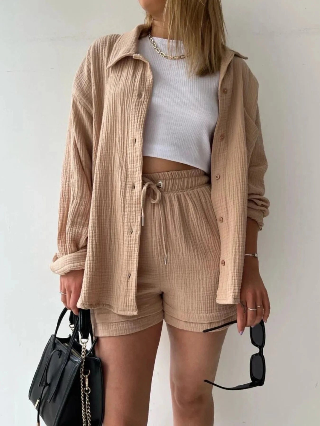 Textured Button Up Shirt and Shorts Set